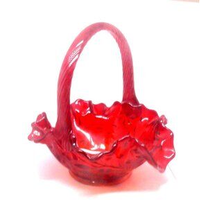 Fenton Ruby Red Ruffled Art Glass Basket with Handle MCM  Vintage